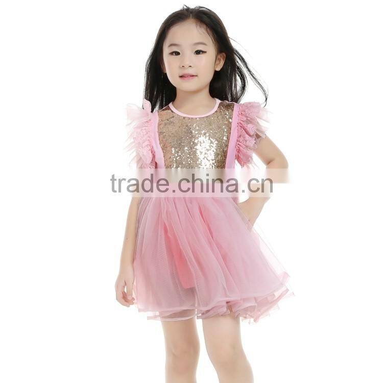 factory wholesale hot seling paillette baby dress,pink lovely kids dress,ruffle sleeve party children dress MC6030301