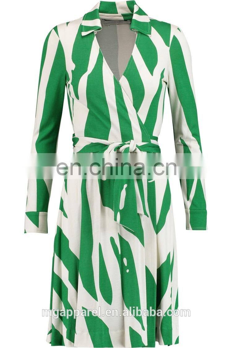 fashion women 100% silk long sleeve printed silk jersey green wrap dress with waist ties