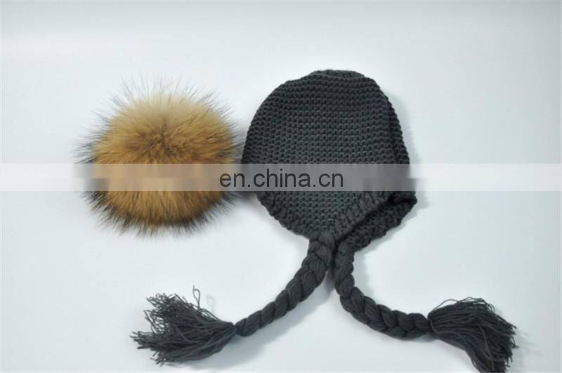 High Quality Knitted Beanies Colorful Big Raccoon Fur Pom Pom Winter Hat Beanie Kids