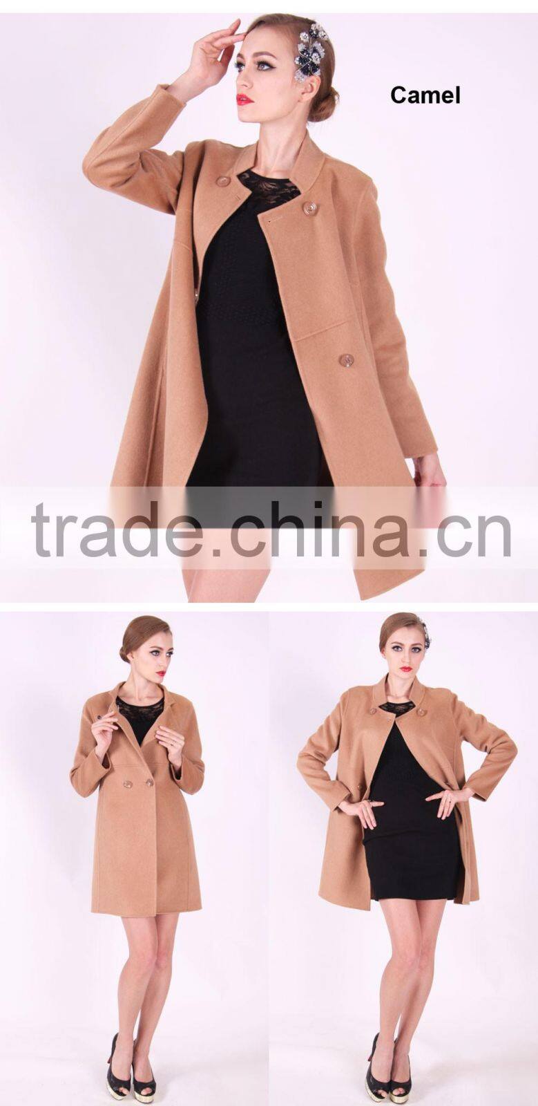 Spring Fashion Lapel Women Medium Length Slim Fit Wool Coat