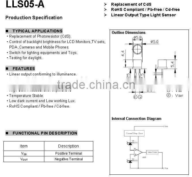 Light sensor LLS05-A replacement of photoresistor RoHS compliant Pb-free Cd-free