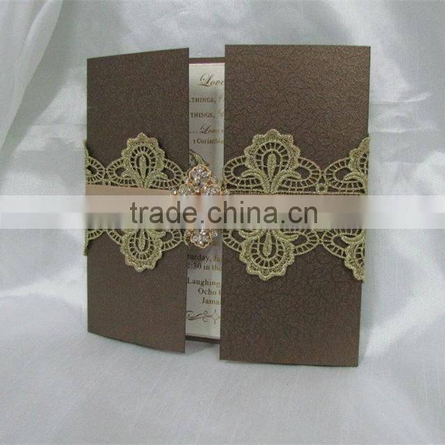 Dignified brown lace folio wedding invitation cards