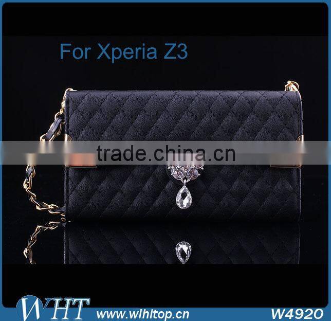 Hot New Products 2015 Trifold Design for Sony Xperia Z3 Wallet Case with Elegant Chain