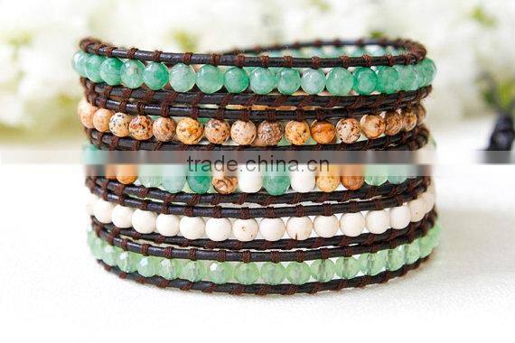 Gold plated Stripe Leather Bracelet with colorful beads