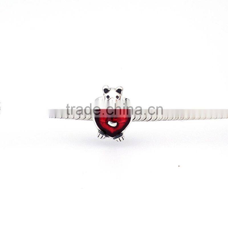 Silver Bear Beads Red Enamel Heart Shape Accessories For Bracelet