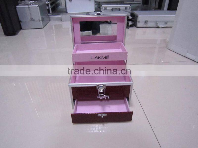 beauty girls' beautiful color aluminum cosmetic case with drawer and mirror