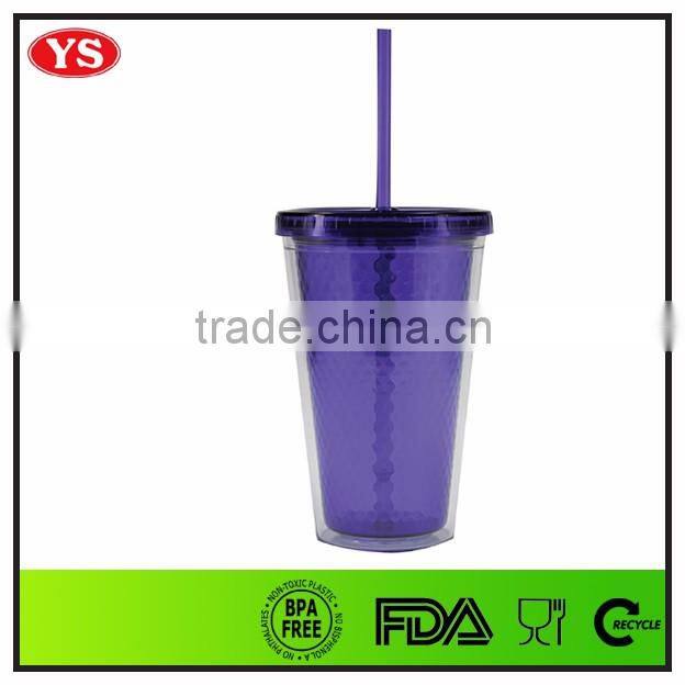 16 oz Purple promotional double wall diamond plastic cup with straw