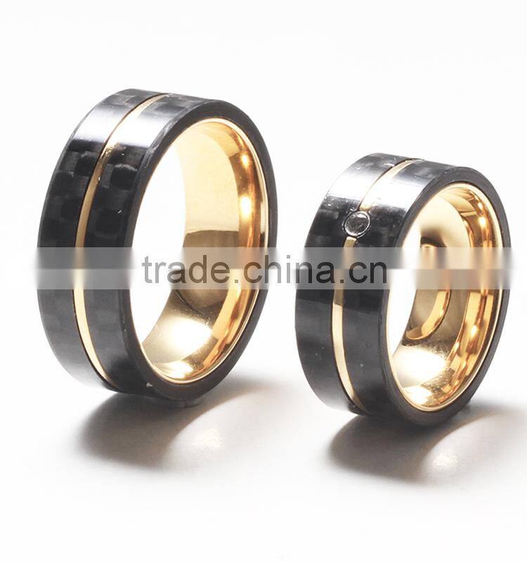 fashion carbon fiber inlay gold couple rings
