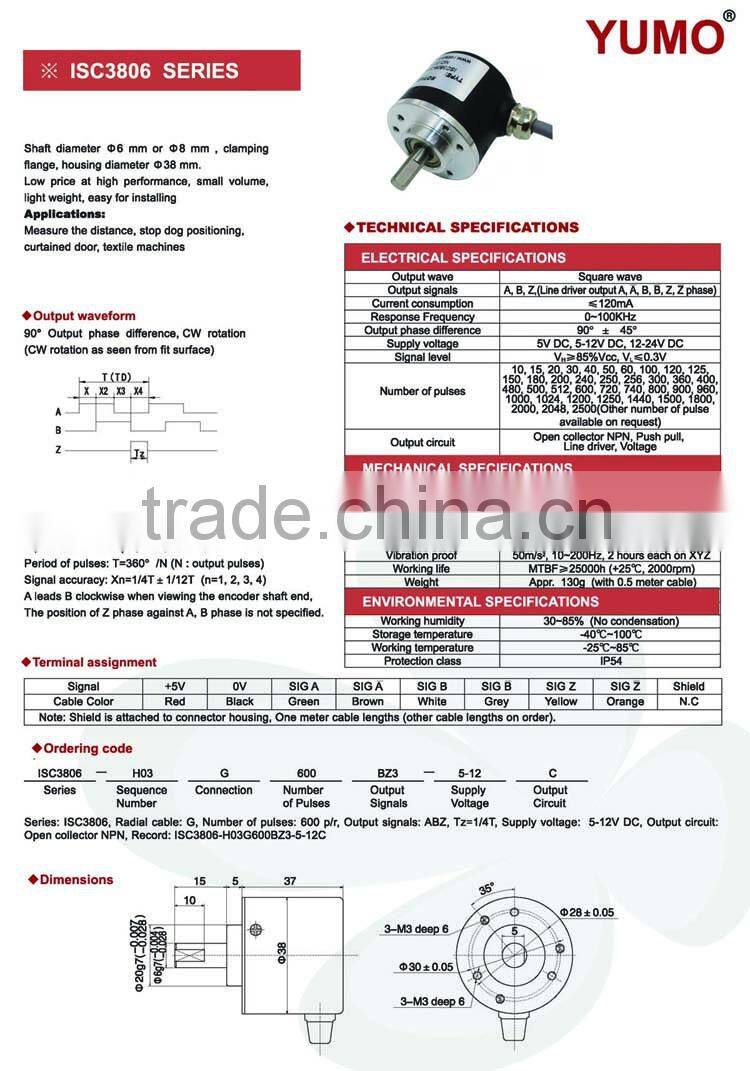 ISC3806 6mm 360ppr ABZ phase 5V 12V push pull Bottom outlet Solid shaft incremental rotary encoder cnc machine encoder