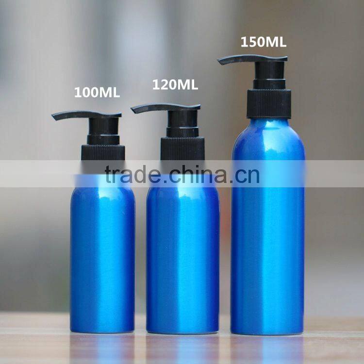 Wholesale 30ML-500ML blue aluminum bottle with lotion pump for cosmetic packaging aluminum pump bottle
