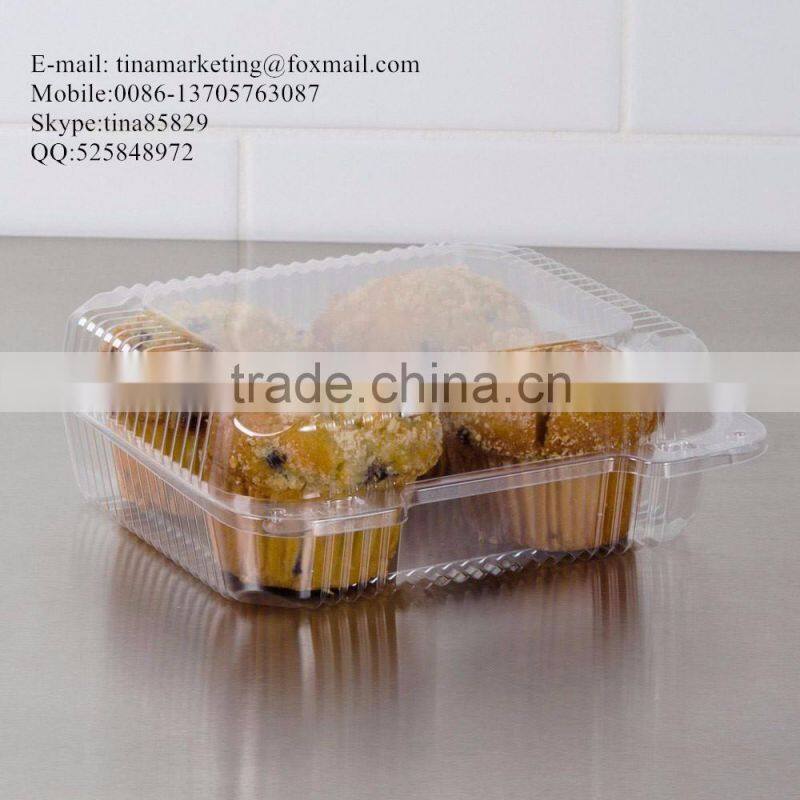 Square Clear Hinged Clamshell Type Plastic StayLock Medium Food Container for Salad, Muffins, Cake, Pastry and Fruit Packaging