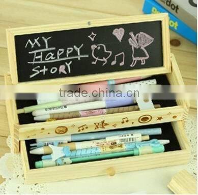 Cute Vintage Wooden Boxes Stationery Bag Double Drawer School Pen/Wooden DIY pencil box with small blackboard and drawer