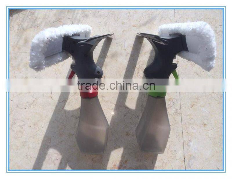 Spray window brush window cleaner with microfiber and rubber wiper strip