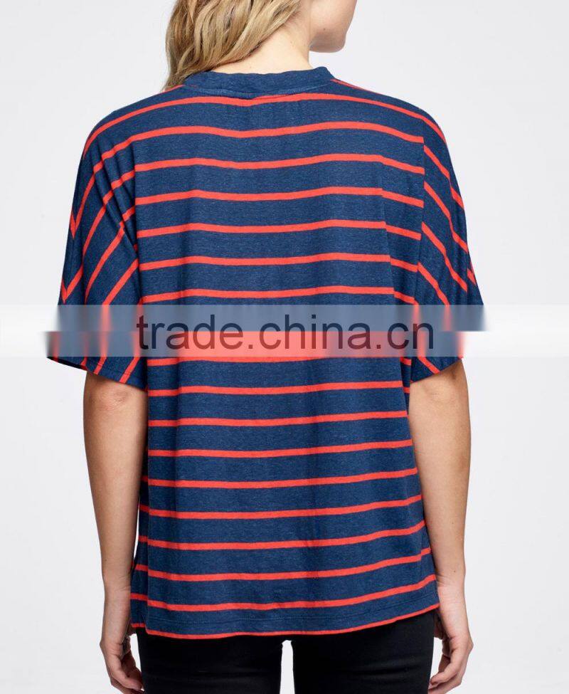 Wholesale ladies tops navy and red stripe short sleeve round neck t shirt summer