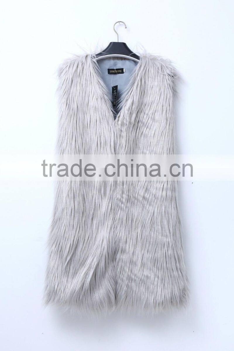 Europe style 2016 new fashion design pure color lady long faux fur vest