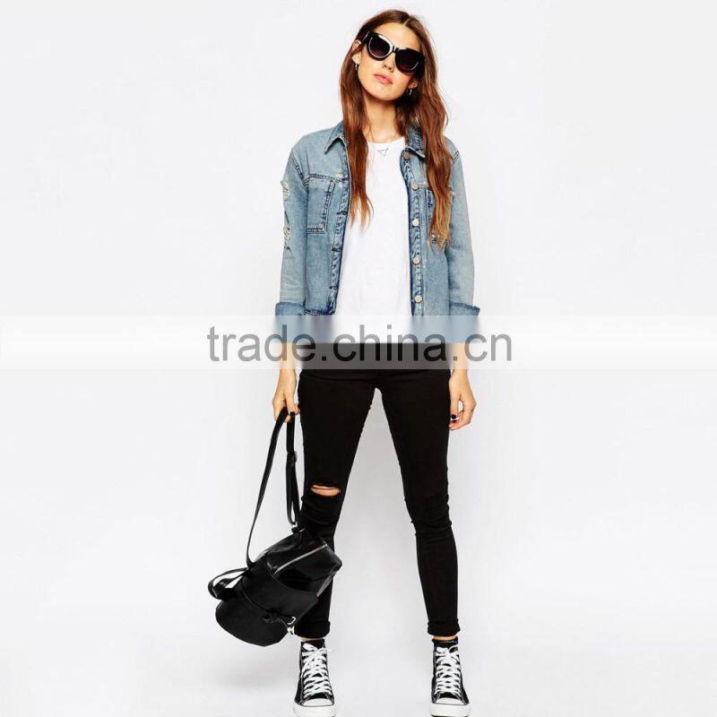 ripped light blue cool women parka jacket custom designs