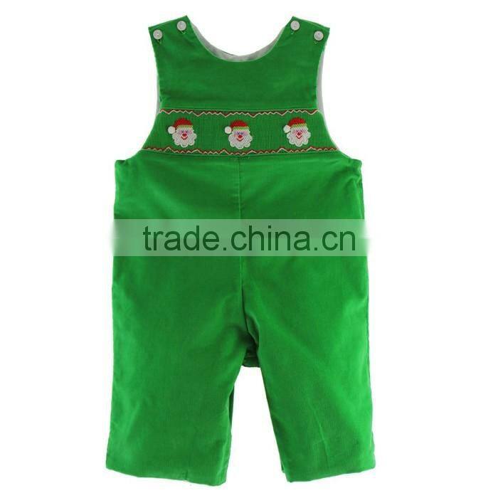 Infant Boys Green Christmas Long Romper Outfit Green Corduroy Santa Face Christmas Smocked Outfits