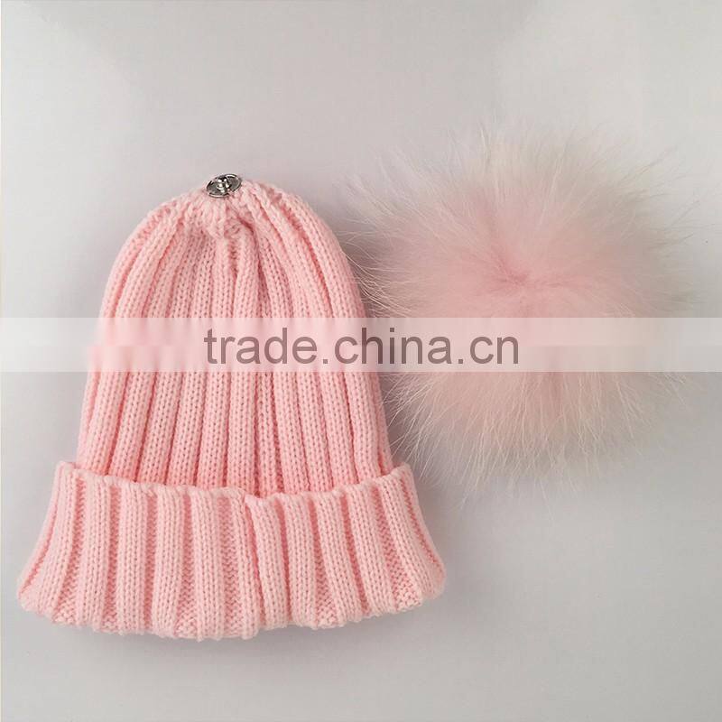 Myfur Baby Pink Removable Real Dyed Raccoon Fur Pom Poms Crochet Hat