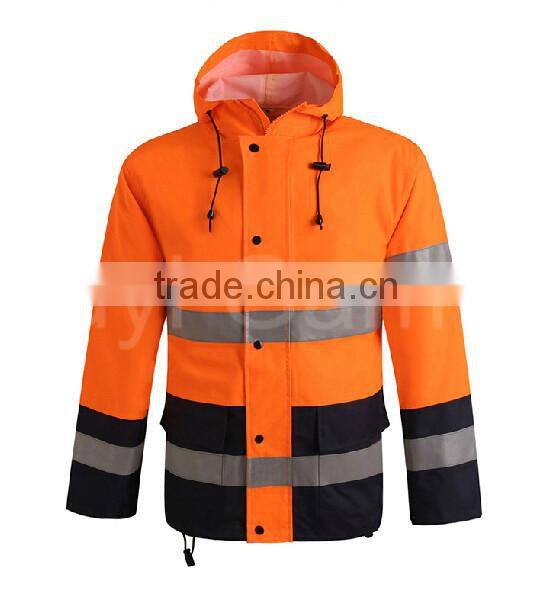 Fluorescent Orange Hooded Raincoat Workwear With Reflective Strips