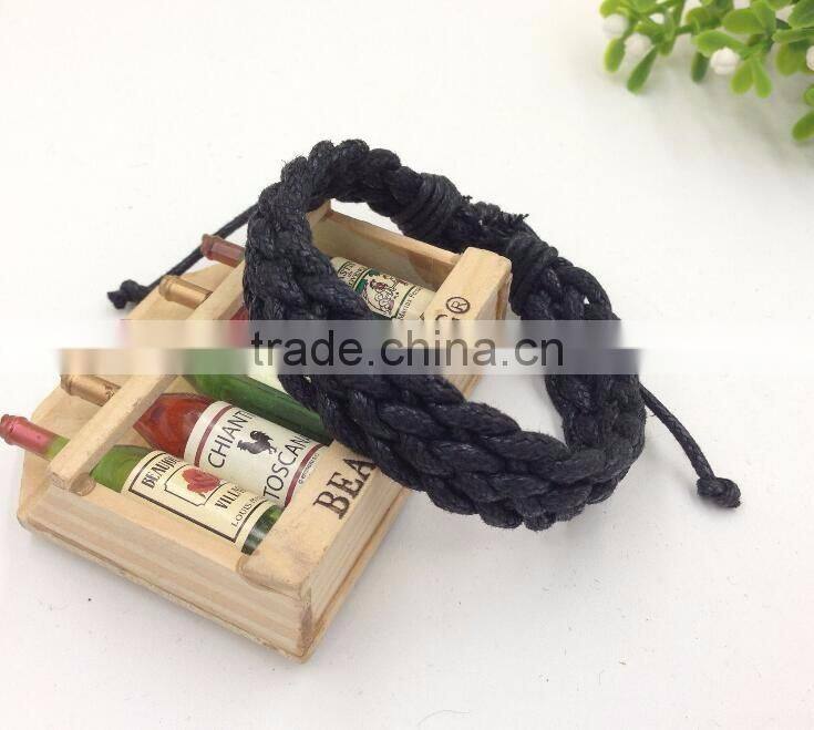 Mens Leather Wax Cord Bracelet Woven Braided Wristband Adjustable Leather Cord Bracelet for Men