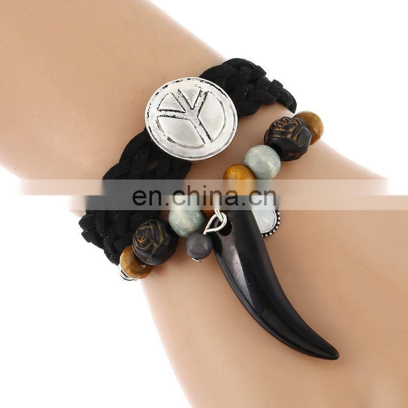 Fasion Caribbean Bead Horn Ethnic Hand-weaved Leather Charm Bracelet