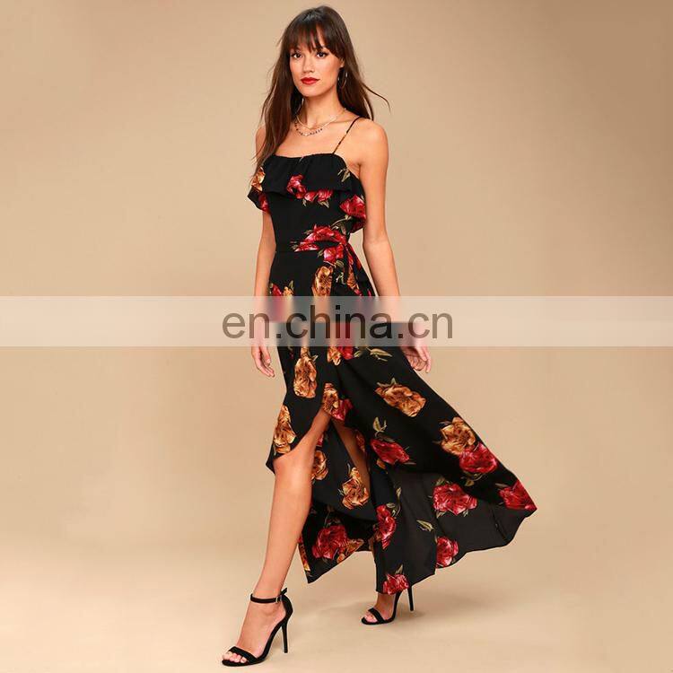women casual one piece shoulder-straps wrap dress black long floral print dress