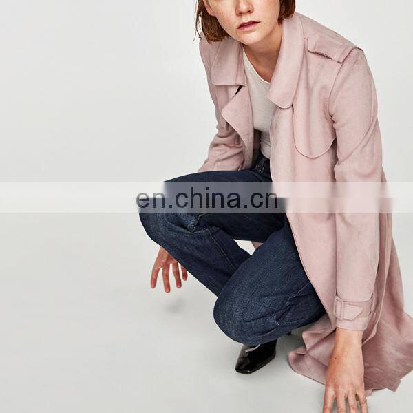 OEM factory faux suede trench coat for women flowing lapel collar design trench coats