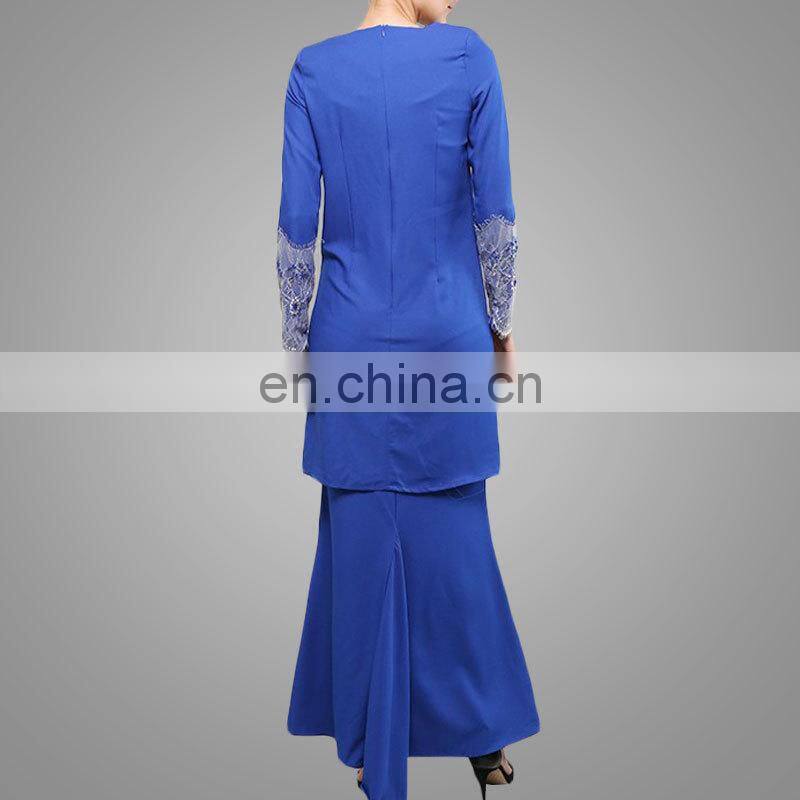 blue modern baju kurung with lace