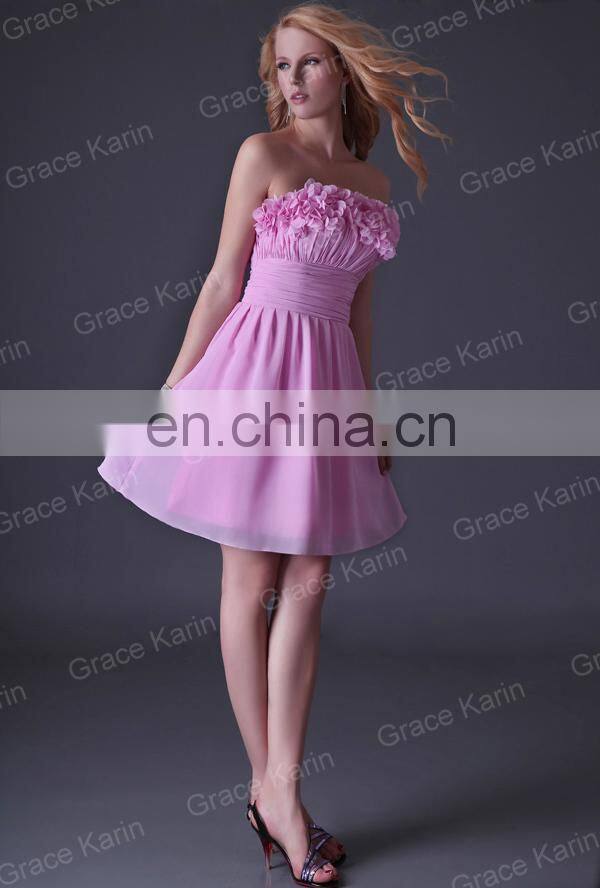 Grace Karin Strapless Short Pink Bridesmaid Dress With Flowers CL3469