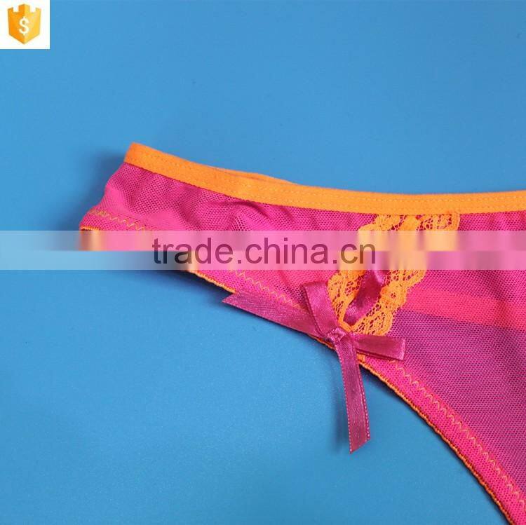 Satin bow sexy lace panty,pink women thong ubderwear