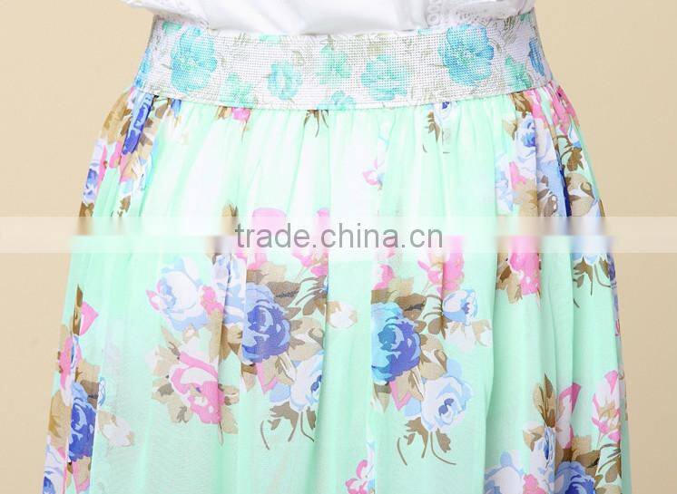 Summer Floral Green Chiffon Business Suit for Women Skirt