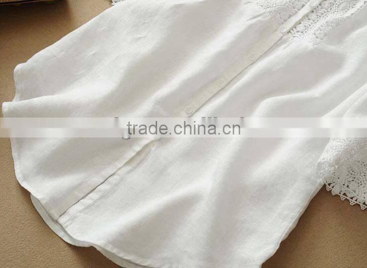 ladies' soft linen shirt plain dye fabric blouse long sleeve lace ornament top