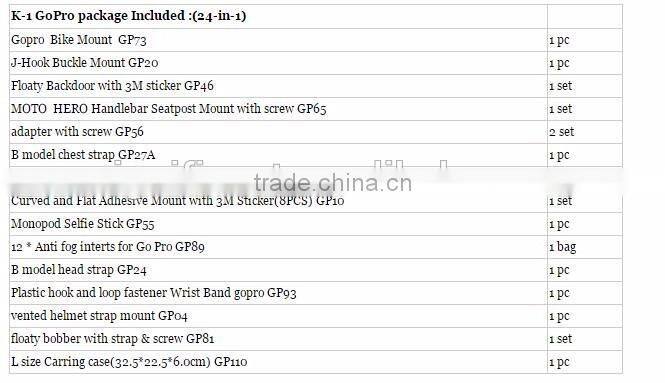 OEM Top supplier of gopros camera accessories set with chest strap head strap monopod For go pro camera