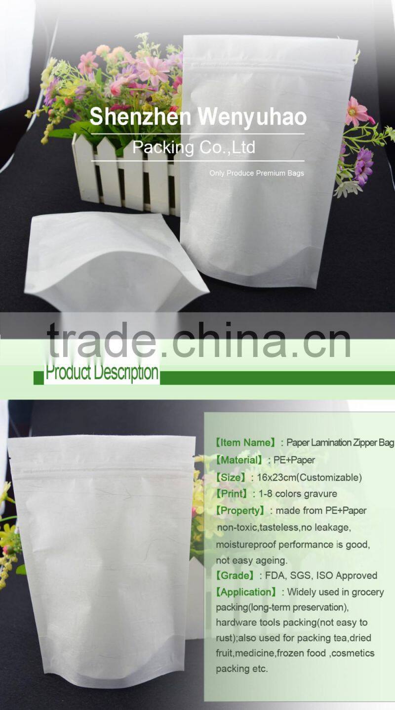 Pe Inside Resealable Food Storage Stand up Zipper Snack white Paper Packaging Bags with Tear Notch