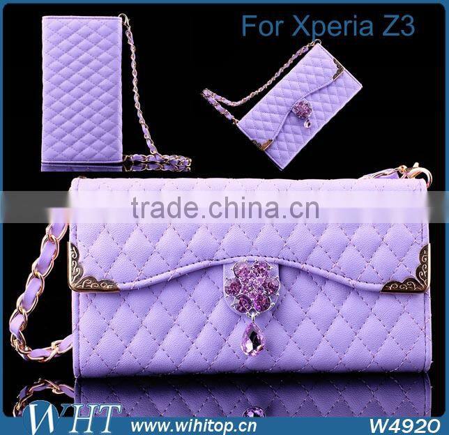 Hot New Products 2015 Trifold Design for Sony Xperia Z3 Wallet Case with Elegant Chain