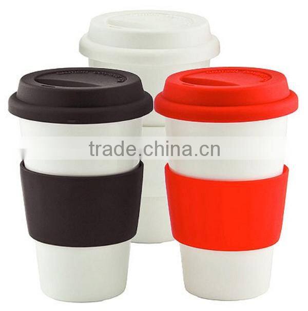 Hot Sale BPA Free 12oz Plastic Coffee Cup with silicone sleeve and lid