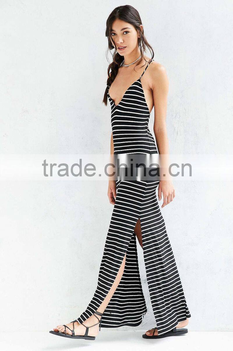 South African Elegant with sexy party Plunge back striped maxi dress