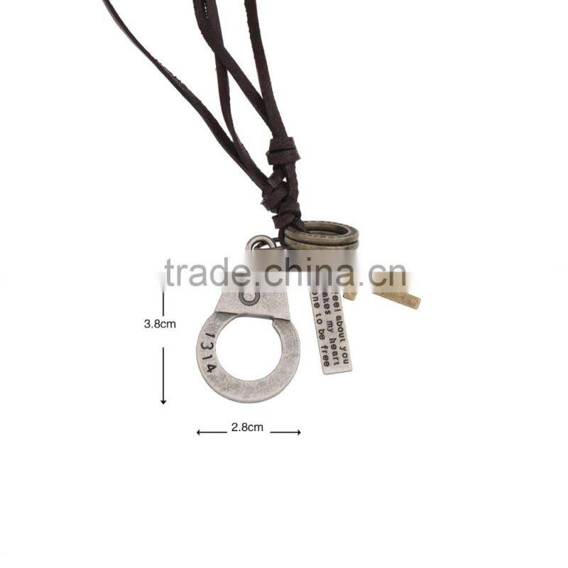 Genuine Leather Necklace with Antique Sliver Handcuff Carved Aphrodite Symbol Pendant.