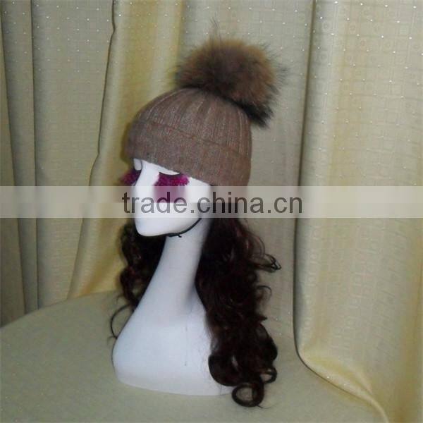 2016/2017 High Quality Winter Knitted Colorful Wool Beanie Hats with Raccoon Fur Pom poms