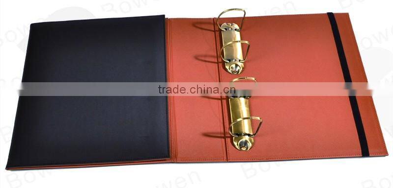 Three fold leather file folder with metal D ring binder and elastic band