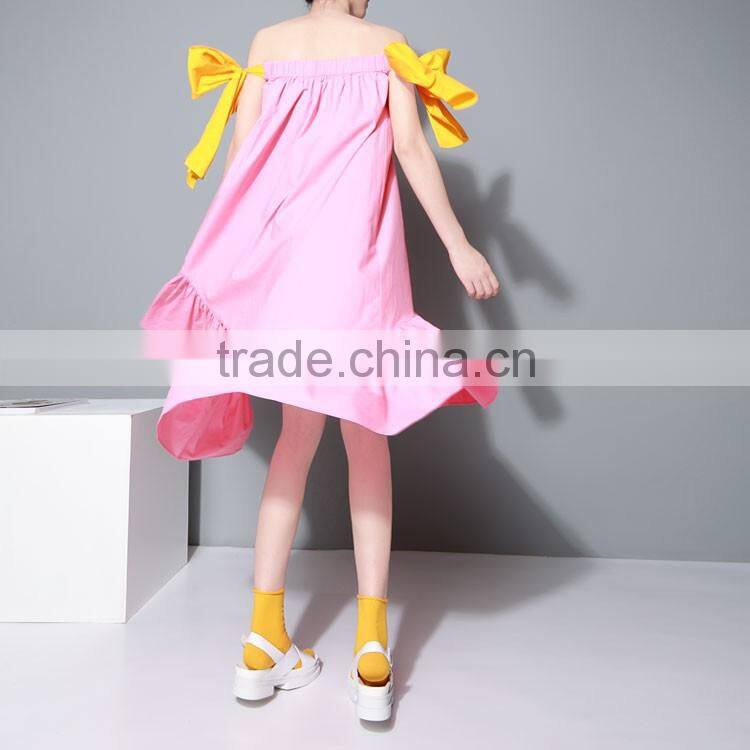 2016 New Multi-wear Big Bow Slash Neck Flouncing Ruffles Hem Strapless Off Shoulder Dress Women Summer