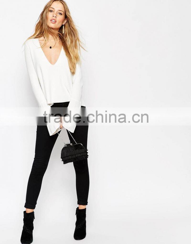 Newest Customized Women's Sweater with Deep V and Flared Sleeve Midweight structured knit
