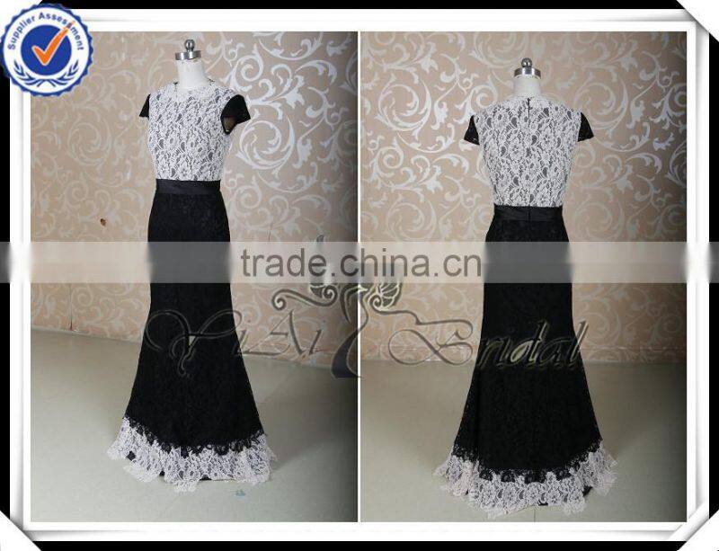 RSE210 Mermaid Lace Short Sleeve Black And White Bridesmaid Dress Two Color
