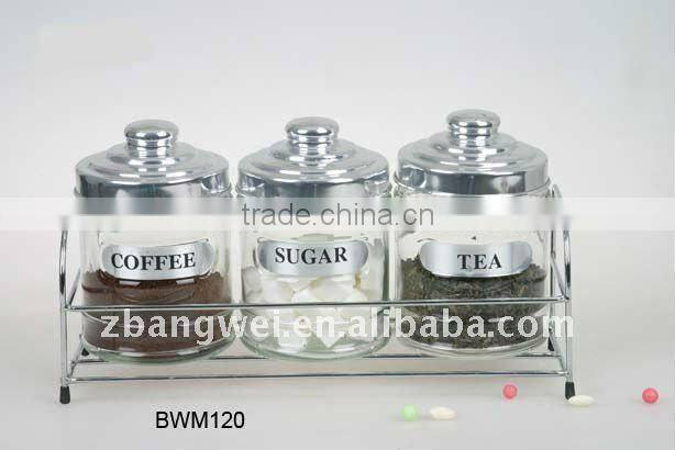3pcs glass spice jar set with metal rack