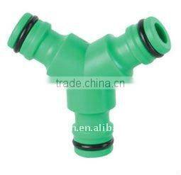 "Y" snap-in plastic hose connector with shut-off
