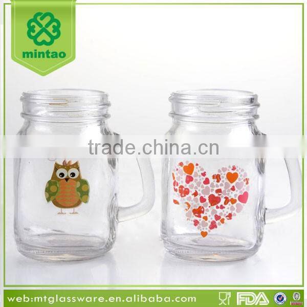 15 oz mouth decal design glass mason jar with handle and straw