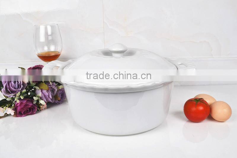 13" Round super white can direct fired porcelain casserole pan with lid