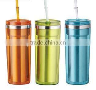350ml/450ml stainless steel Inner steel outer plastic double layer cup with straw