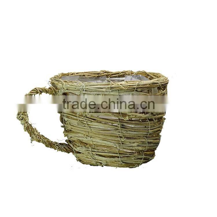 Cup Shape Natural Rattan Garden Flower Pot with Handle for Planting
