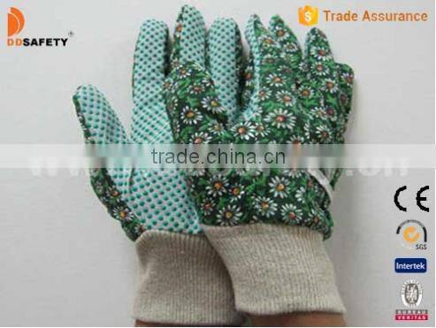 DDSAFETY Green Dots On Palm Flower Design White Knit Wrist Women's Garden Gloves